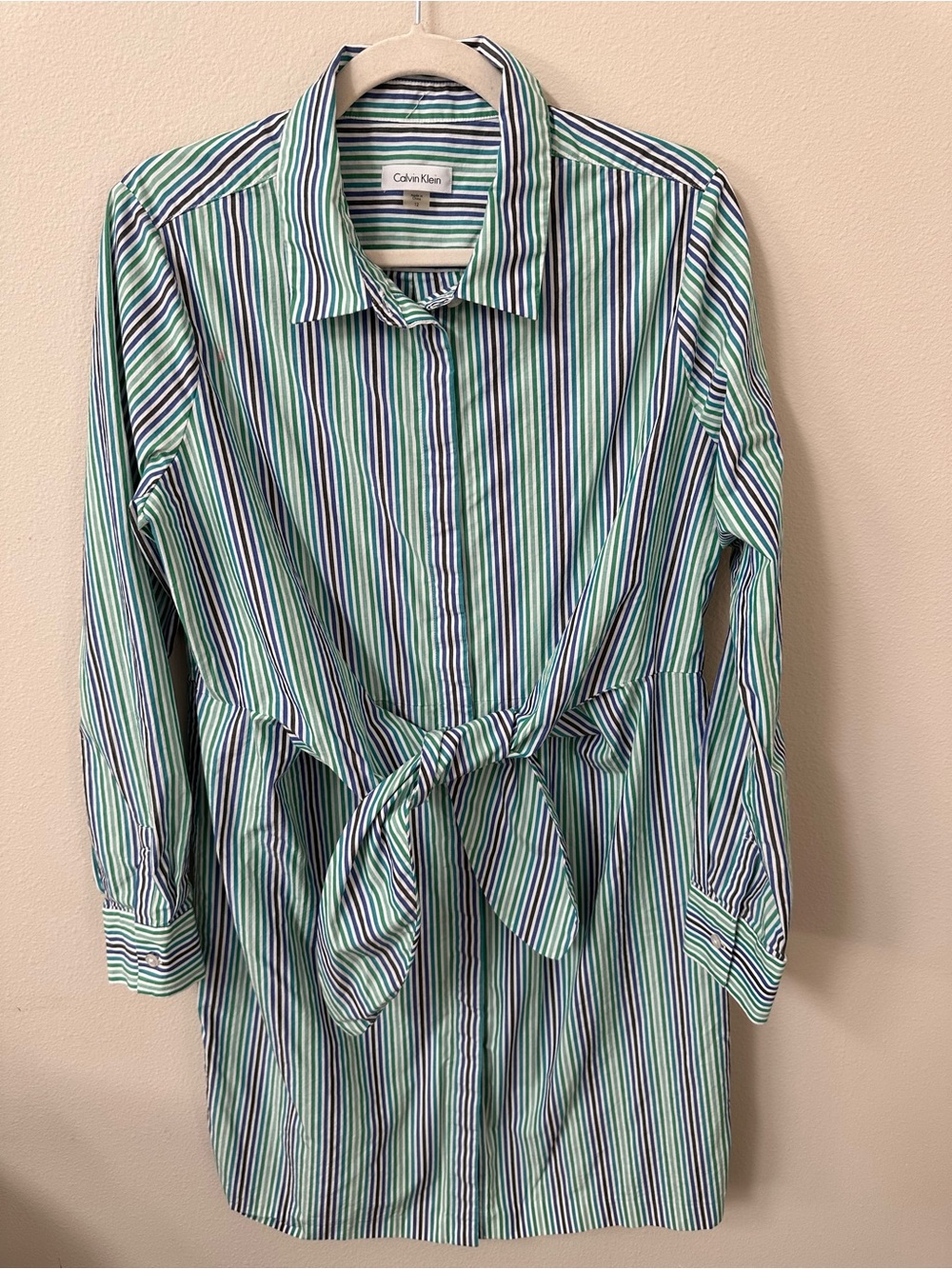 Calvin Klein Women’s Green & Blue Striped 100% Cotton Shirt Dress with Tie Waist
